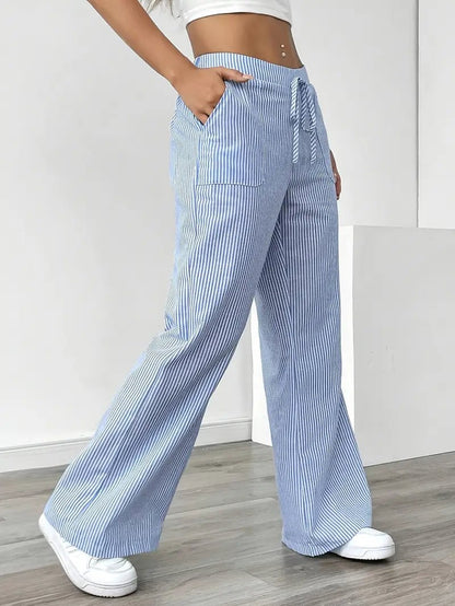 Elin | Striped Drawstring Wide Leg Linen Pants