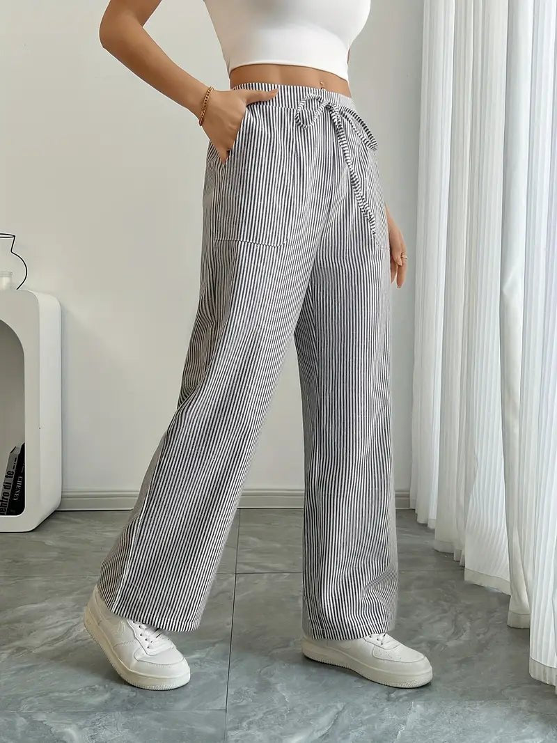 Elin | Striped Drawstring Wide Leg Linen Pants