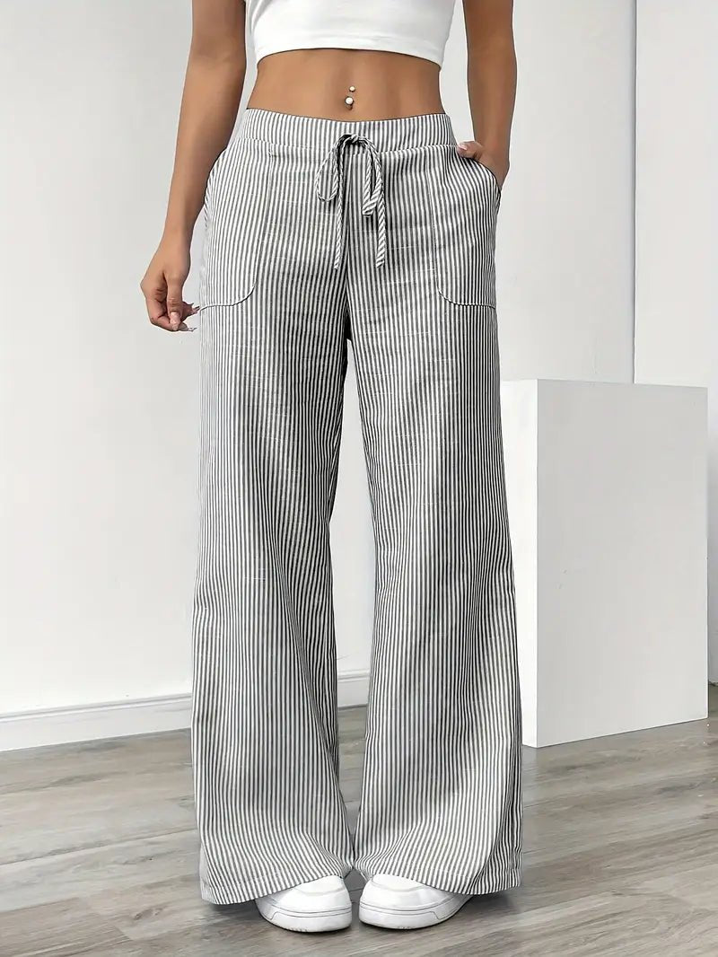 Elin | Striped Drawstring Wide Leg Linen Pants