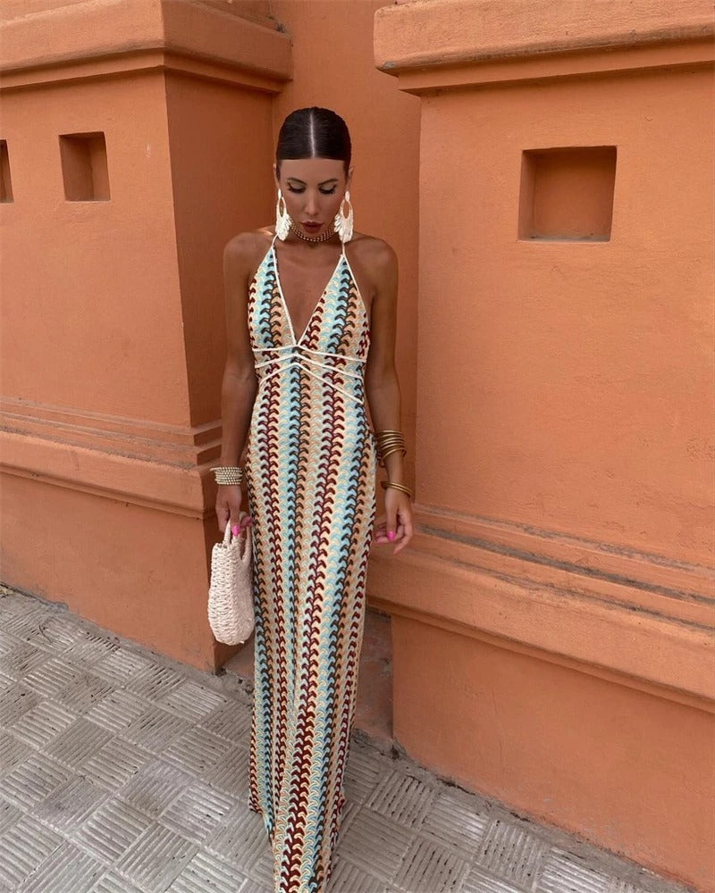 Nina | Crochet Halter Open Back Maxi Vacation Dress
