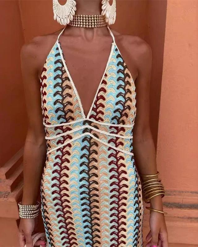 Nina | Crochet Halter Open Back Maxi Vacation Dress