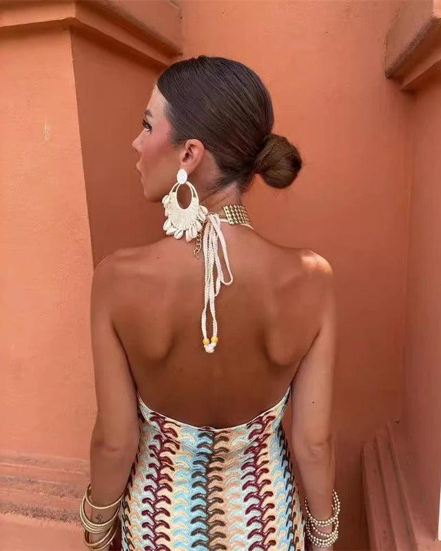 Nina | Crochet Halter Open Back Maxi Vacation Dress