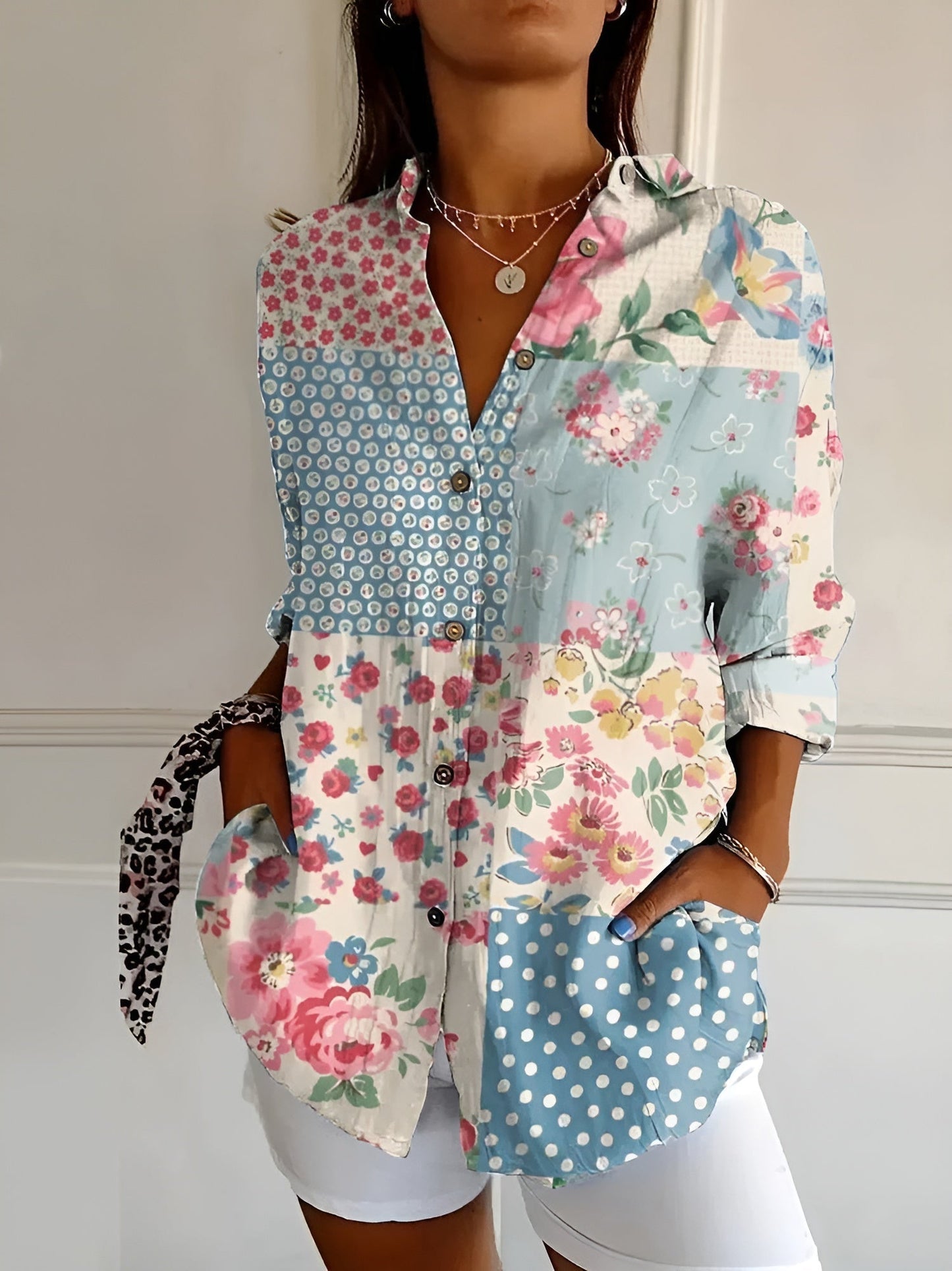 Elegant Floral Button Down Summer Blouse