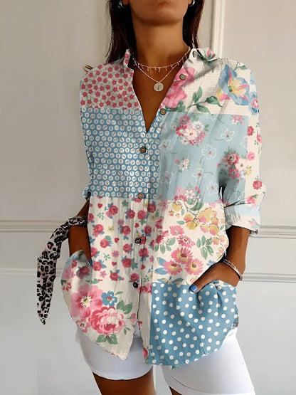 Elegant Floral Button Down Summer Blouse