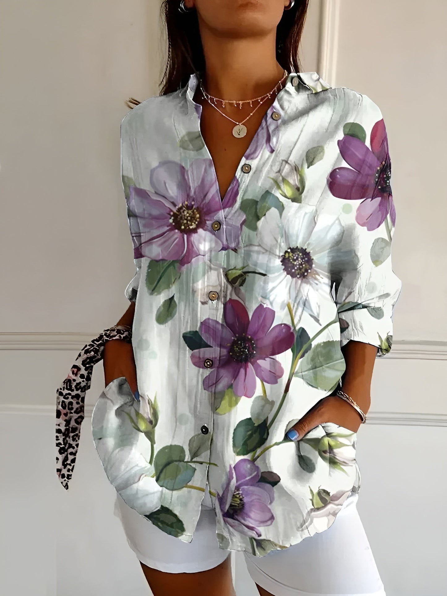 Elegant Floral Button Down Summer Blouse