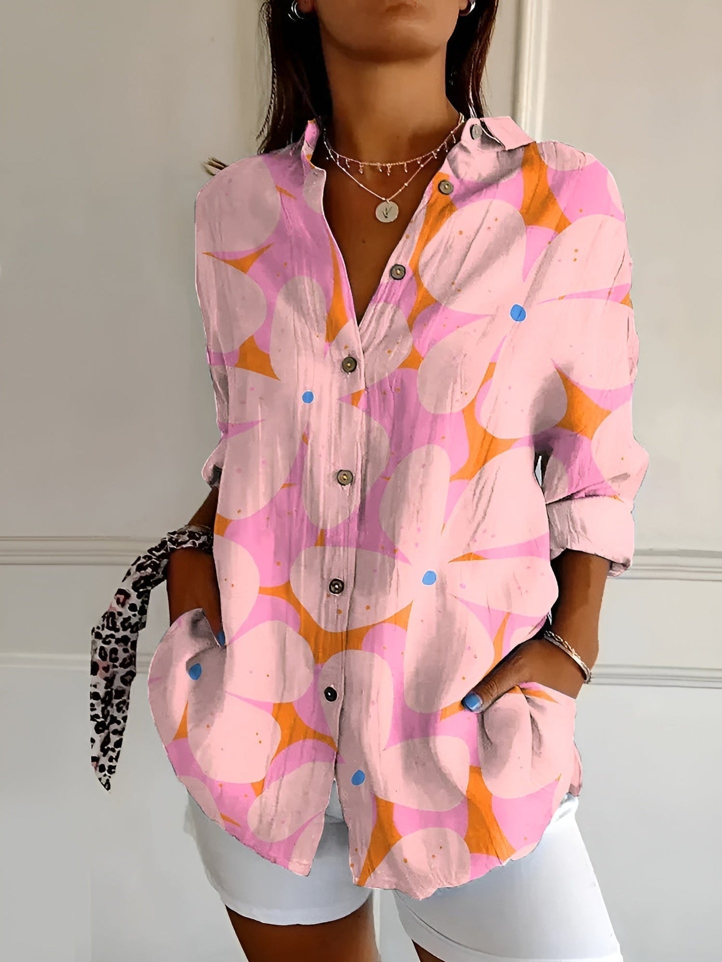 Elegant Floral Button Down Summer Blouse