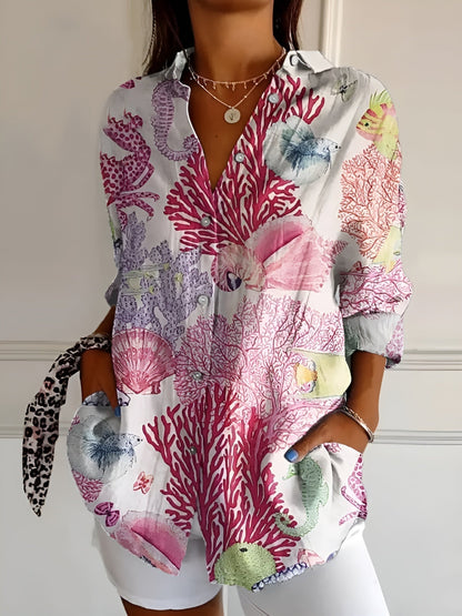Elegant Floral Button Down Summer Blouse