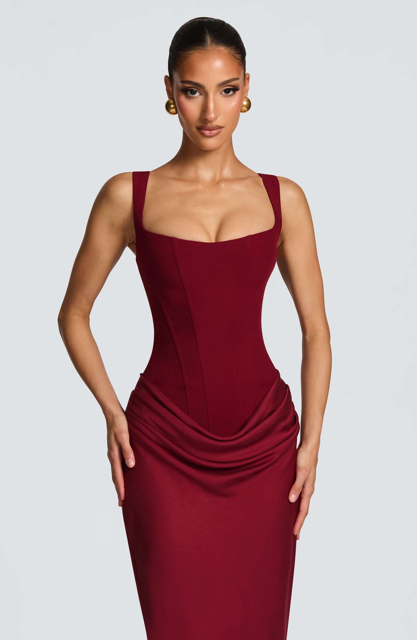 Reyna | Corset Draped Bodycon Wedding Guest Maxi Dress