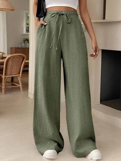 Mira | Natural Linen Drawstring High Waist Wide Leg Pants