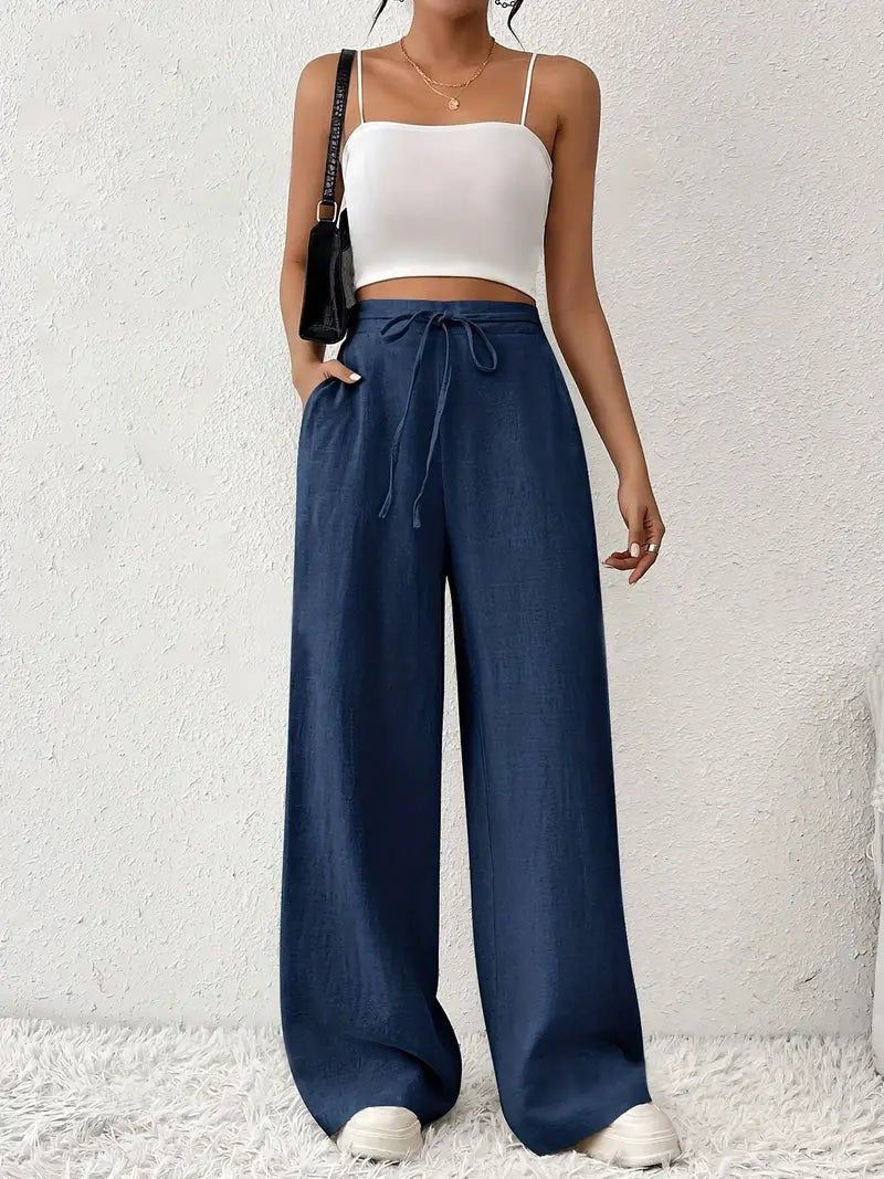 Mira | Natural Linen Drawstring High Waist Wide Leg Pants