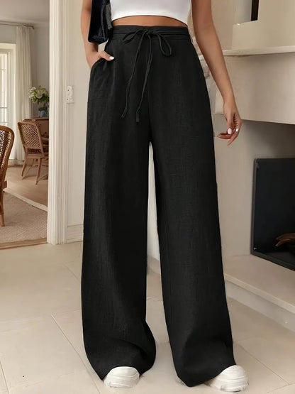Mira | Natural Linen Drawstring High Waist Wide Leg Pants