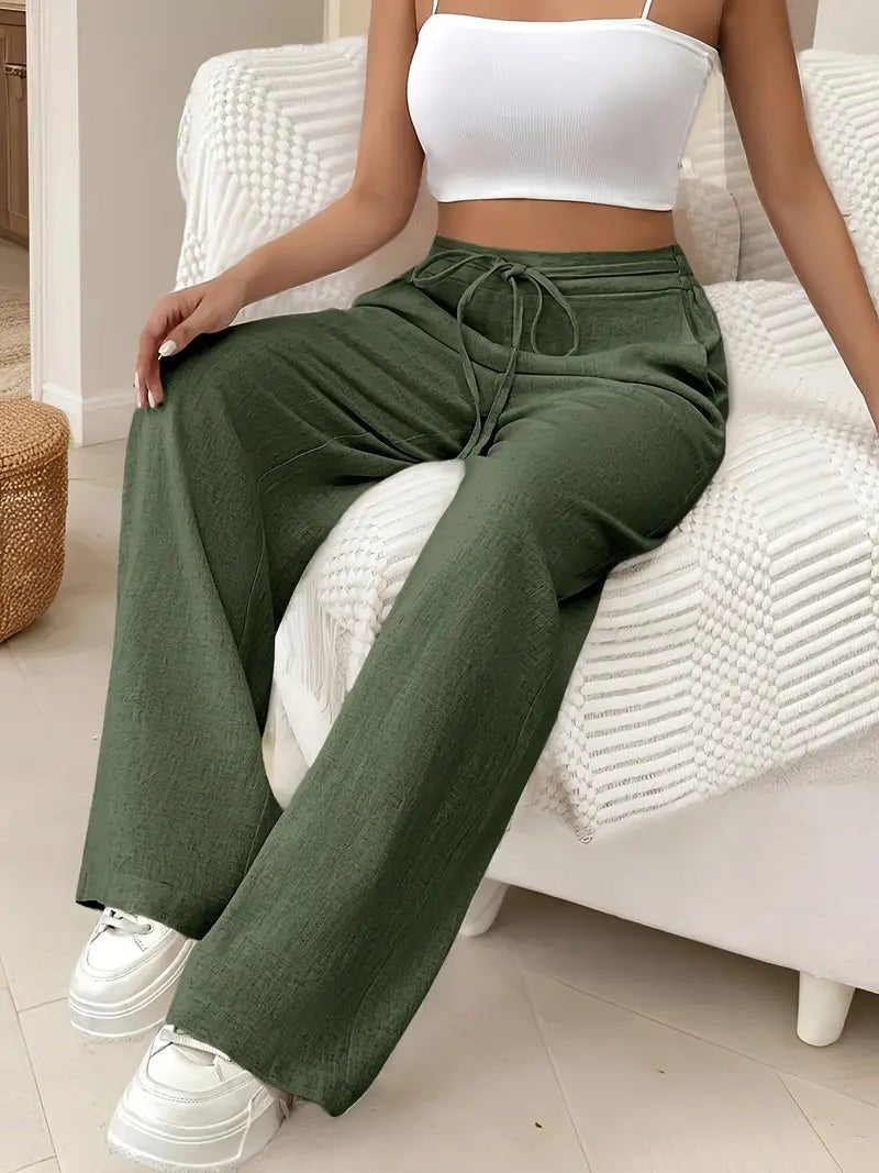 Mira | Natural Linen Drawstring High Waist Wide Leg Pants